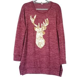 Bellamie Sequin Reindeer Christmas Sweater Tunic Top in Marled Burgundy, Size XL